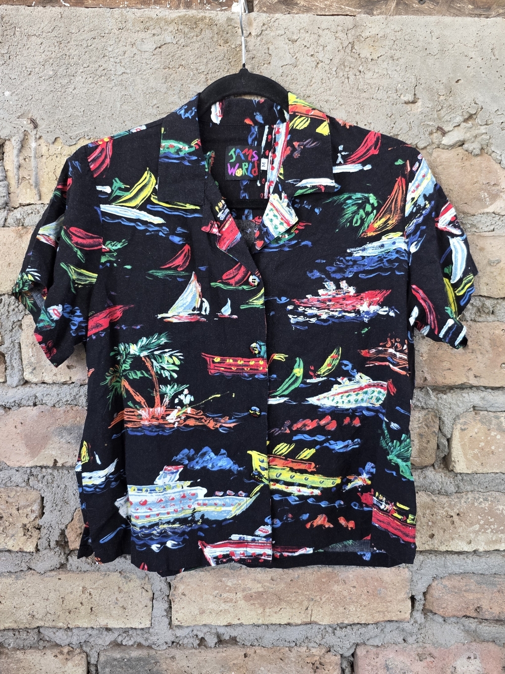 VTG 90s Jams World Low Tide Rayon Hawaiian Button Up Shirt M Cruise Nautical